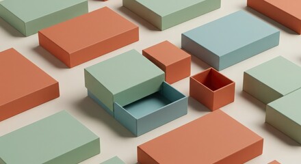 Colorful geometric boxes in varying shapes on a neutral background