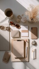 Beige Minimalist Flatlay of To Do Board and Desk Setup.