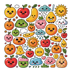 Naklejka premium Kawaii fruits and weather elements with happy faces