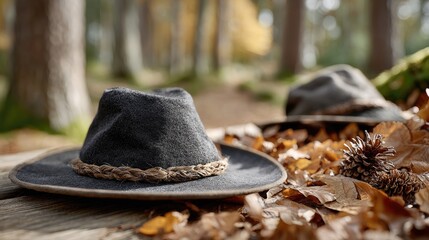 A black witch hat lies on the ground among colorful fallen leaves in a forest, evoking a magical and mysterious feeling for autumn