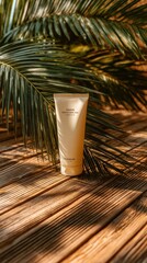 Beige Hand Cream Tube on Wooden Surface with Palm Leaf and Sunlight.