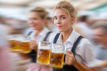 Young woman in traditional attire, carrying large beer mugs, surrounded by festive atmosphere, showcasing lively celebration and camaraderie during cultural event