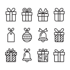 Naklejka premium A festive collection of gift boxes with ribbons, a tag, a bell, and a christmas ornament