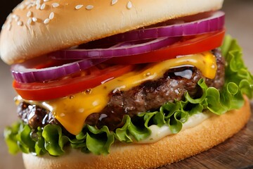 Delicious Juicy Cheeseburger with Fresh Toppings and Sesame Seed Bun
