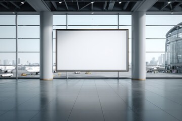 Blank billboard inside airport terminal waiting for passengers, city background