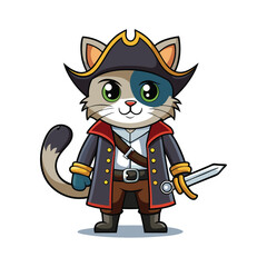 Pirate Cat Vector Illustration with Eye Patch and Sword, Cute Cartoon Pirate Kitty Design, Adventure Theme, White Background, Perfect for Stickers and Merchandise