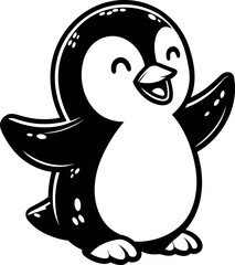 Cheerful Cartoon Penguin Waving and Smiling Silhouette Drawing for Kids Art Projects 