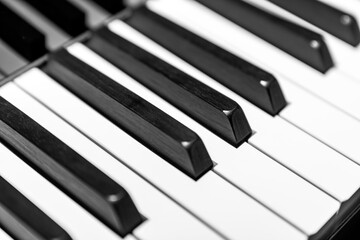 Close up of piano keys in black and white, abstract musical background for classical, jazz, and modern compositions, perfect for music education, concert promotion, and creative design projects.
