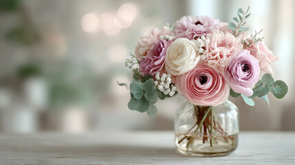 Fototapeta premium A delicate bouquet of pink and white flowers in a clear glass vase on a blurred background indoors scene