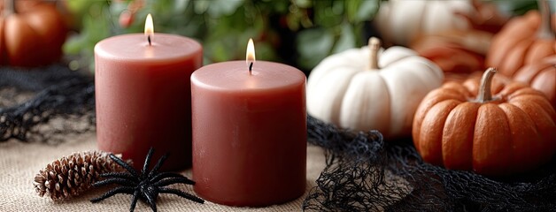 Dark red candles glow on a gothic table adorned with pumpkins, spider webs, and vampire-themed decorations for Halloween festivities
