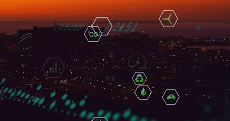 Hexagon outlines appearing eco-icons drifting pulsing on green wave showing metrics above skyline - Powered by Adobe