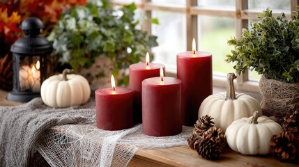 Dark red candles glow on a gothic table adorned with pumpkins, spider webs, and vampire-themed decorations for Halloween festivities