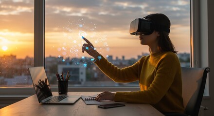 Young Woman in Virtual Reality Headset Interacts with Holographic Interface at Sunset, Working from Home Office