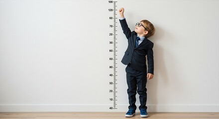 Adorable Boy in Suit Reaching Upward Against a Wall Height Chart, Growth, Childhood, Measurement