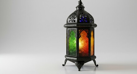 Ornate Metal and Colored Glass Ramadan Lantern, Festive Islamic Decoration, 3D Render