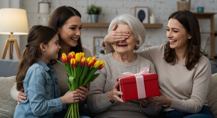 Multigenerational Women Celebrating Mother's Day with Gifts and Flowers