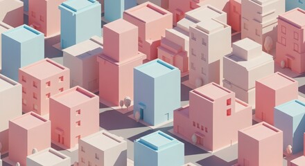 Colorful 3D Cityscape with Geometric Shapes and Soft Pastel Tones