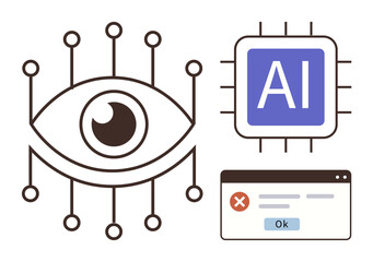 Eye integrated with circuits, AI microchip, and error message window. Ideal for machine learning, artificial intelligence, automation, innovation, error detection, computer vision simple flat