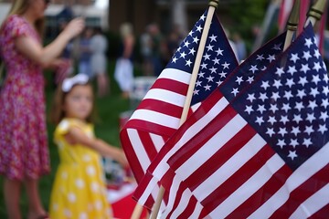 Celebration of Independence Day with American Flags and Family Gathering Outdoors