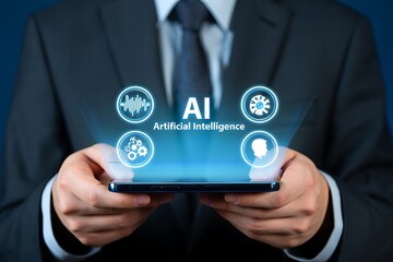 businessman touching virtual screen