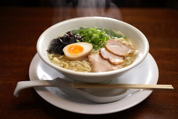 Delicious Steaming Bowl of Savory Japanese Ramen Noodles with Sliced Pork and Soft Boiled Egg