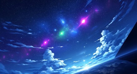 Enchanting Celestial Tapestry Vibrant Cosmic Hues Clouds Flowing Under Starry Night Sky Serene Galactic Panorama