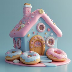 Whimsical donut-shaped house in pastel colors, 3D clay icon