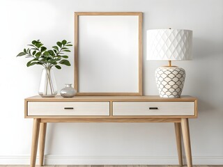 Interior poster mockup with vertical gold metal frame on the console table with green tree branch in vase and lamp on empty white wall background. A4, A3 size format. 3D rendering, illustration.