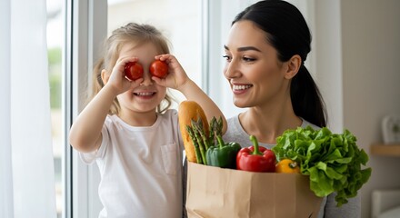 Happy mother and daughter unpacking groceries