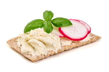 Crispbread with Cream Cheese, Radish and Basil, isolated on white background