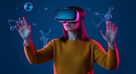 Young Woman Experiencing Immersive Virtual Reality with Holographic Molecules and Bubbles