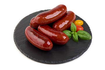 Grilled Sausages with Tomatoes and Basil, isolated on white background