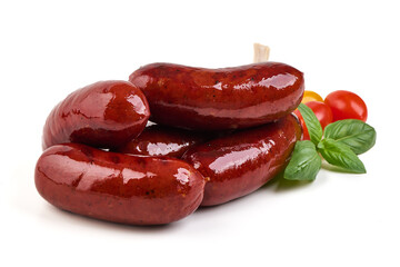 Smoked Sausage Stack with Basil, Tomatoes, isolated on white background