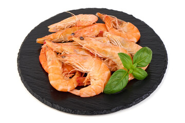Cooked Shrimp with Basil Herb, isolated on white background