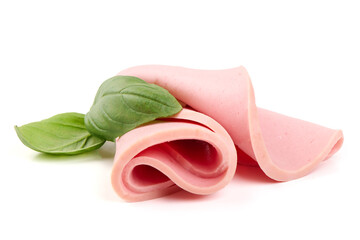 Rolled Bologna Slices with Basil, isolated on white background