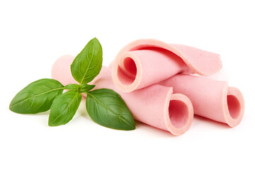 Ham Slices with Basil Herb, isolated on white background