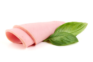 Rolled Bologna Slices with Basil, isolated on white background