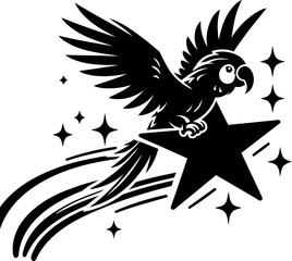 Parrot Soaring on Star with Trails Whimsical Black and White Exotic Bird Illustrations.