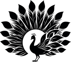 Stunning Peacock Silhouette Spreading Feathers in a Lush Garden for Elegant Wall Art.