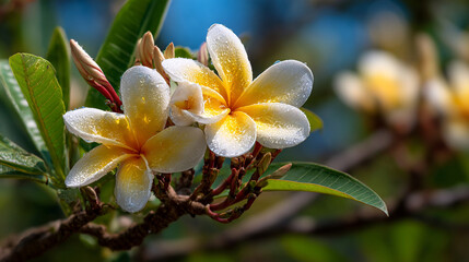 Fototapeta premium Close up of white and yellow plumeria flowers with water droplets on petals and green leaves around