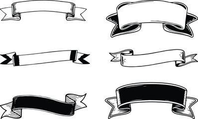 Vector art of a collection of six handdrawn vintage banners and ribbons in black and white