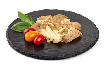 Smashed Potato with Basil, Tomato, Isolated on White Background