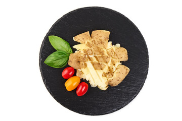 Smashed Potato with Basil, Tomato, Isolated on White Background