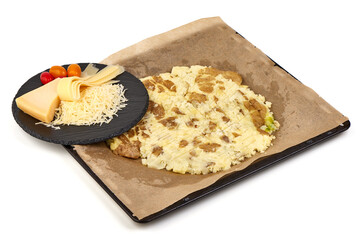 Shepherds Pie ingredients, mashed potatoes, tomatoes, cheese, isolated on white background