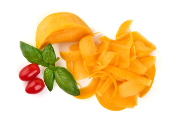 Scamorza Cheese Shavings, Tomatoes, Basil, isolated on white background