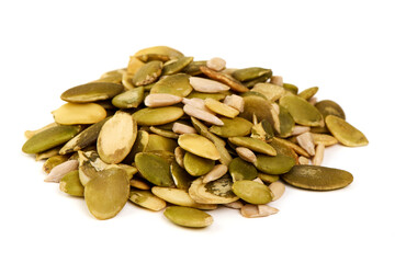 Seeds Pile, Pumpkin Seeds, Sunflower Seeds, isolated on white background