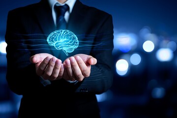 Business Professional Holding Futuristic Digital Brain with Glowing Energy Streams in Dark City Background