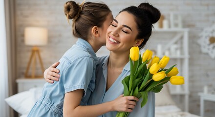 Happy Mother's Day: Daughter Giving Yellow Tulips and Kiss to her Smiling Mom
