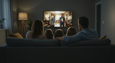 Family Movie Night: Parents and Children Cozy on Sofa Watching Television in Dark Living Room