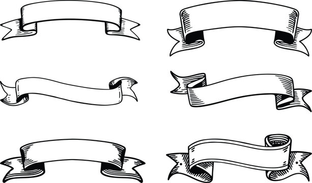 Vector art of a collection of six handdrawn vintage banners and ribbons in black and white